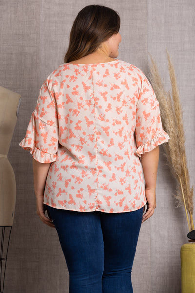 PEACH FLORAL PRINT BELL SHORT SLEEVE PLUS SIZE TOP-T2029