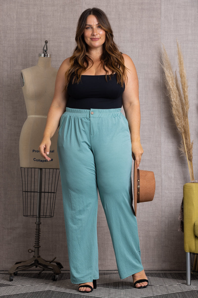 high waisted wide leg dress pants plus size Wholesale Sage High Waist Wide Leg Plus Size Pants-Plus Size