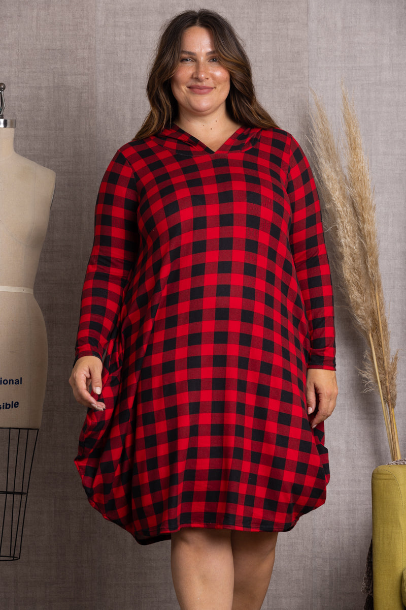 long sleeve plus size midi dress Wholesale Red Plaid Hoodie Long Sleeves Plus Size Midi Dress-Plus Size