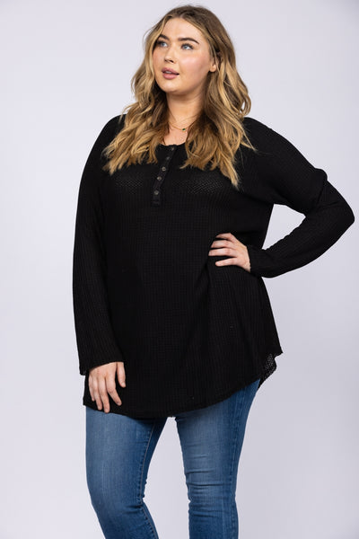 THERMAL WAFFLE KNIT PLUS SIZE HENLEY TOP-T1052P