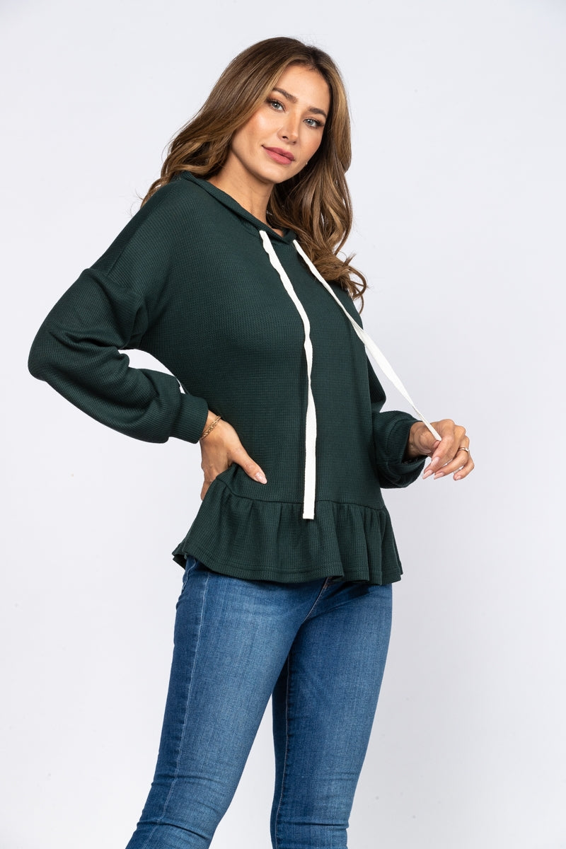 TEAL GREEN THERMAL WAFFLE KNIT HOODY TOP T10814K