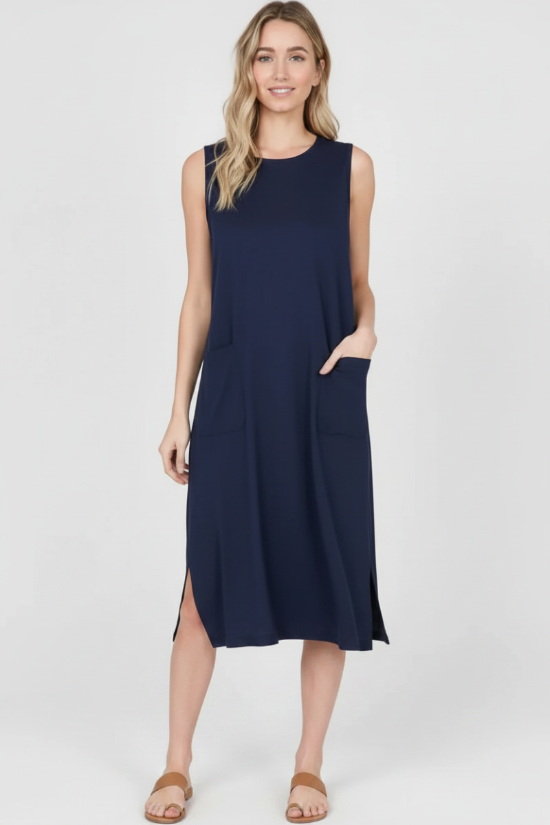 FUCHSIA SLEEVELESS FRONT PATCH POCKETS MIDI DRESS HMD1055