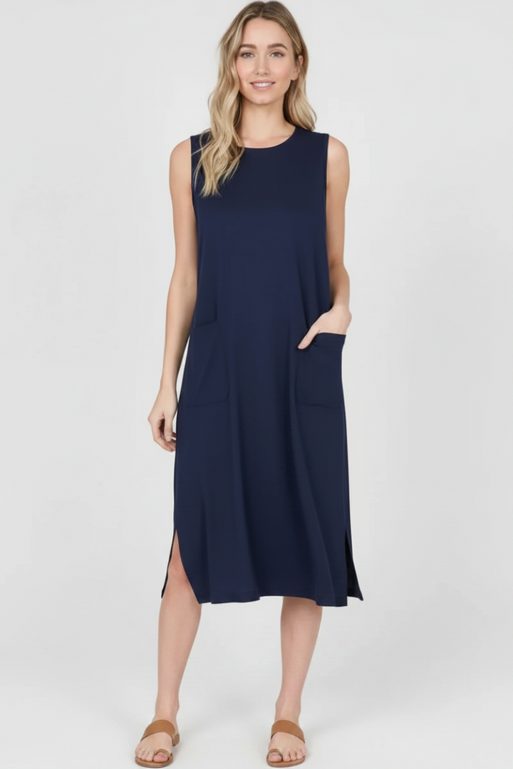 FUCHSIA SLEEVELESS FRONT PATCH POCKETS MIDI DRESS HMD1055