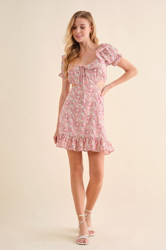 Pink Floral Puff Sleeves Cut-Out Waist Woven Mini Dress HYHYD0017 Pink Floral Puff Sleeves Cut-Out Waist Woven Mini Dress HYHYD0017