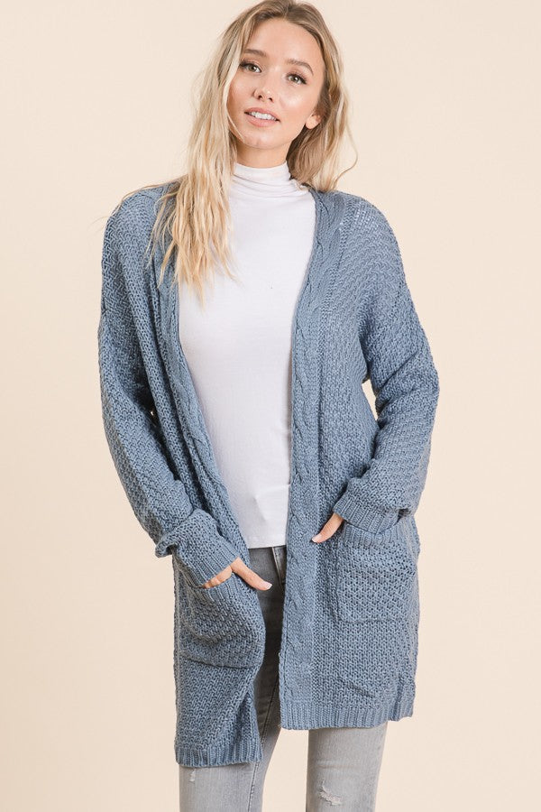 BLUE GREY WAFFLE KNIT OPEN FRONT PLUS SIZE CARDIGAN RJS1833XL