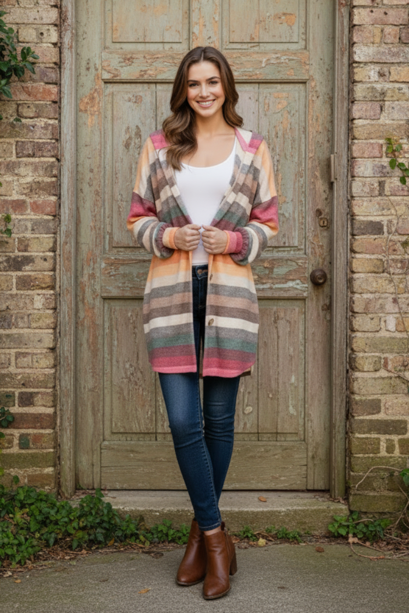STRIPE MULTI COLOR HOODED CARDIGAN HMEJ6401