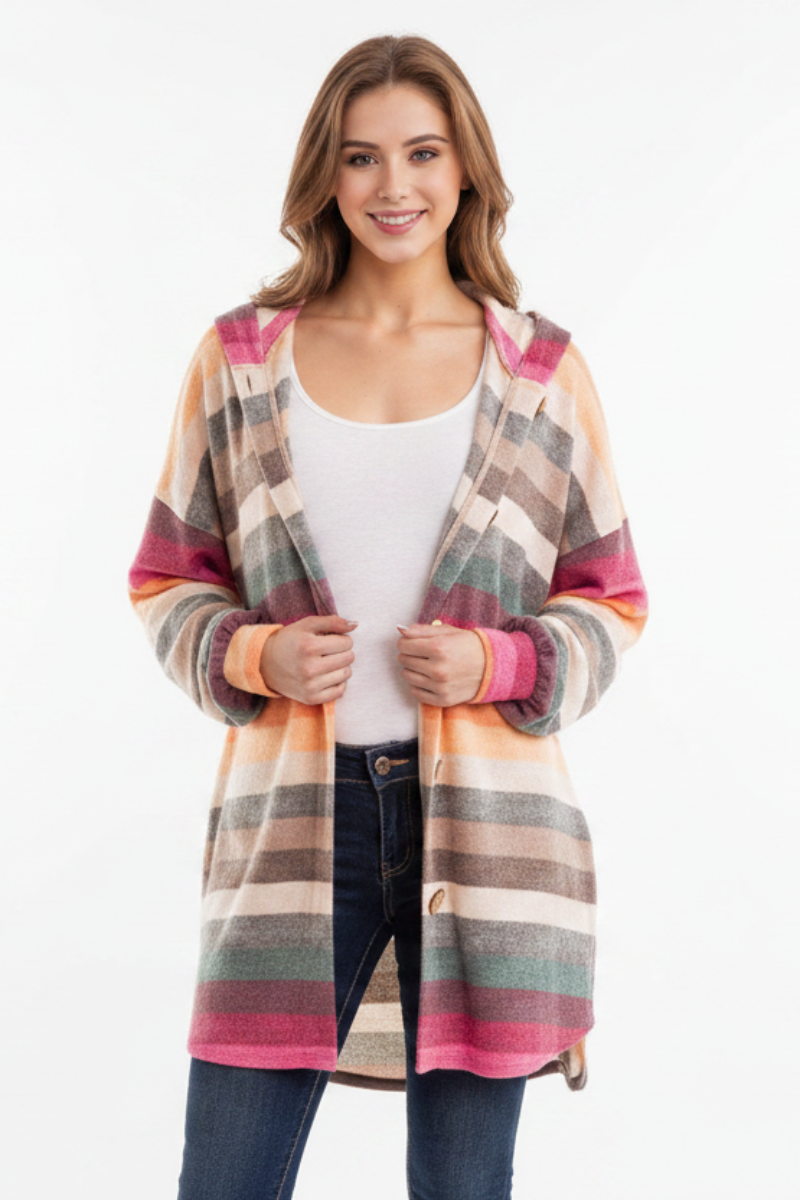 STRIPE MULTI COLOR HOODED CARDIGAN HMEJ6401