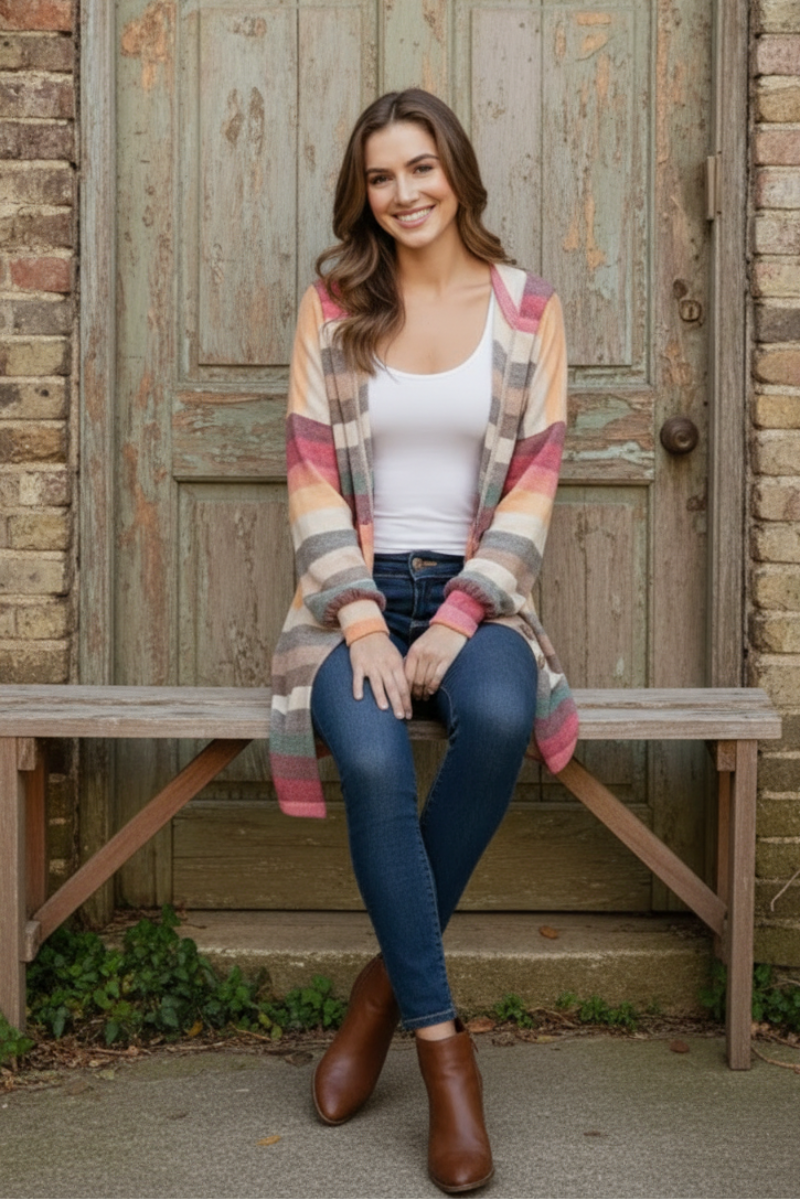 STRIPE MULTI COLOR HOODED CARDIGAN HMEJ6401