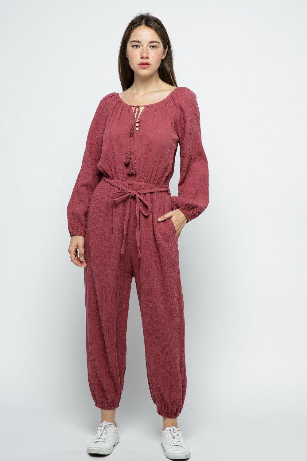 SLATE ROSE LONG SLEEVES W/ TASSELS JUMPSUIT MRMP8641