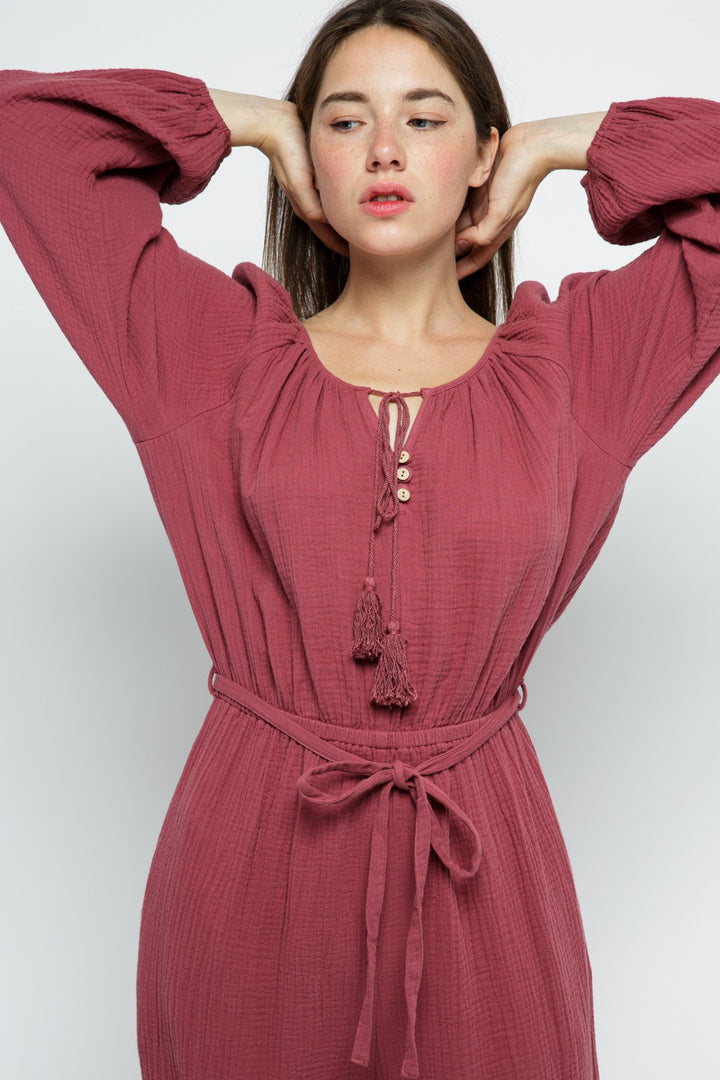 SLATE ROSE LONG SLEEVES W/ TASSELS JUMPSUIT MRMP8641