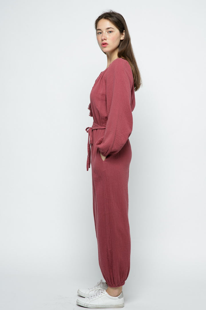 SLATE ROSE LONG SLEEVES W/ TASSELS JUMPSUIT MRMP8641