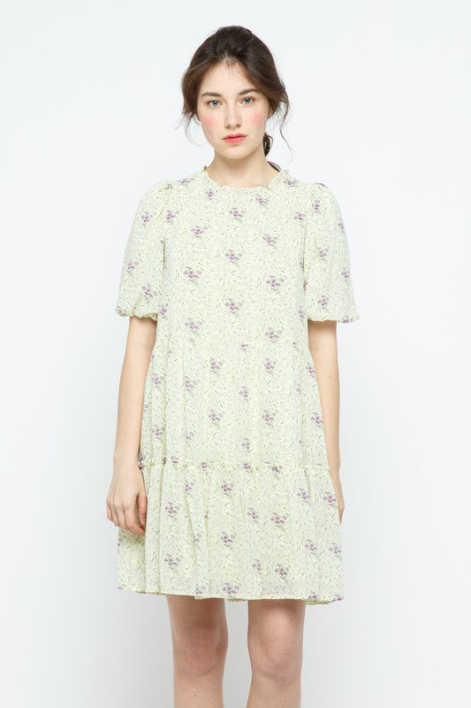 LEMON FLORAL RUFFLED ROUND NECK TIERED SEAMS MINI DRESS MRMDR9089