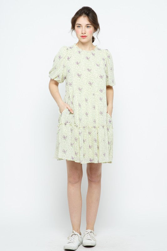 LEMON FLORAL RUFFLED ROUND NECK TIERED SEAMS MINI DRESS MRMDR9089