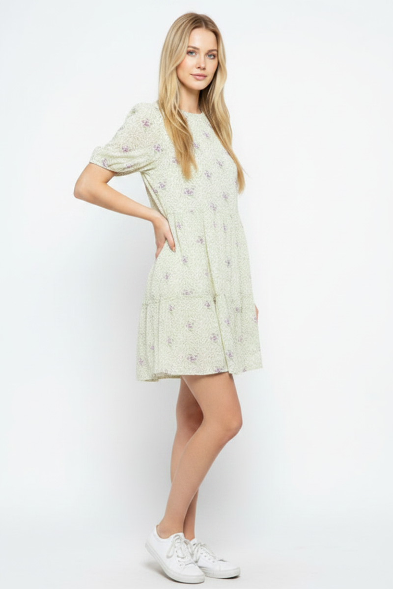 LEMON FLORAL RUFFLED ROUND NECK TIERED SEAMS MINI DRESS MRMDR9089