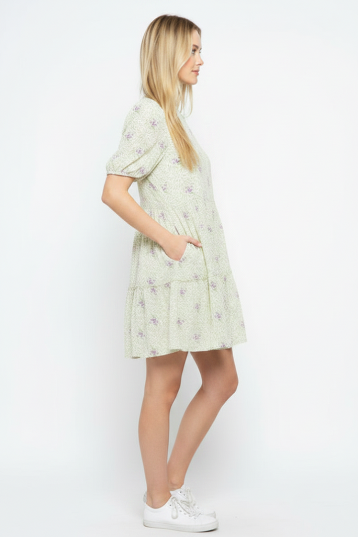 LEMON FLORAL RUFFLED ROUND NECK TIERED SEAMS MINI DRESS MRMDR9089