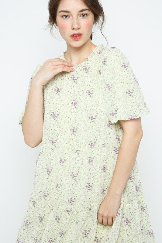 LEMON FLORAL RUFFLED ROUND NECK TIERED SEAMS MINI DRESS MRMDR9089