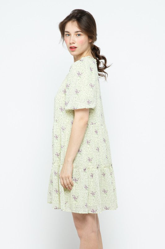 LEMON FLORAL RUFFLED ROUND NECK TIERED SEAMS MINI DRESS MRMDR9089