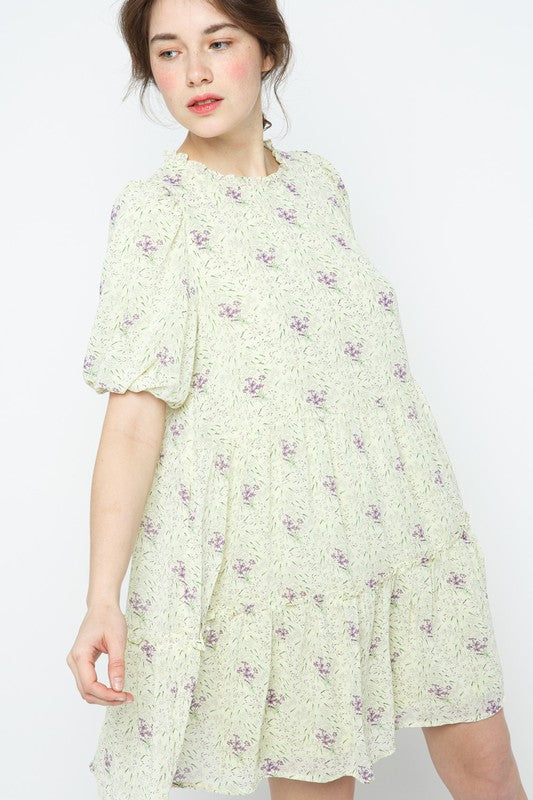 LEMON FLORAL RUFFLED ROUND NECK TIERED SEAMS MINI DRESS MRMDR9089