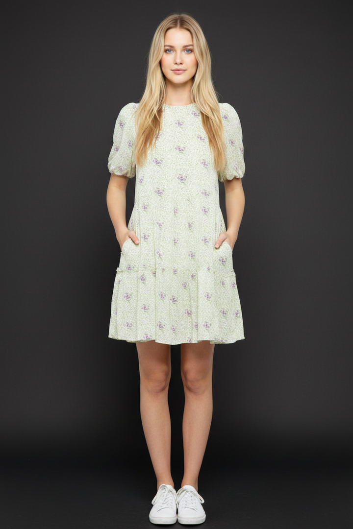 LEMON FLORAL RUFFLED ROUND NECK TIERED SEAMS MINI DRESS MRMDR9089*