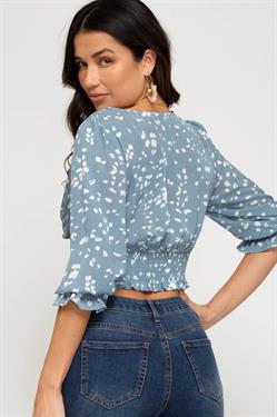 MISTY BLUE PRINTED 3/4 SLEEVES SMOCKED WAISTBAND WOVEN TOP