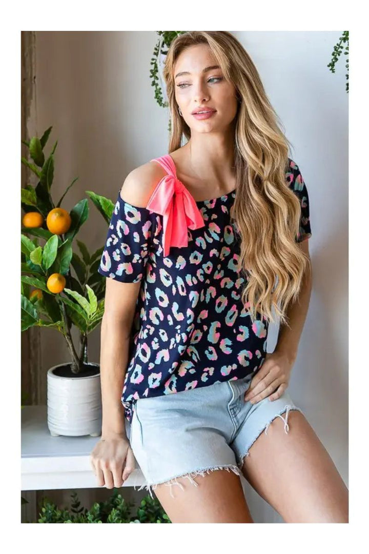 NAVY ANIMAL PRINT SLEF-TIE ONE SHOULDER PLUS SIZE TOP HMET7220-11P