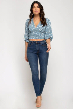 MISTY BLUE PRINTED 3/4 SLEEVES SMOCKED WAISTBAND WOVEN TOP