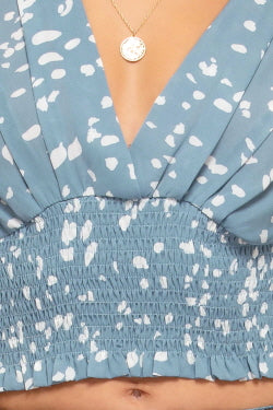MISTY BLUE PRINTED 3/4 SLEEVES SMOCKED WAISTBAND WOVEN TOP