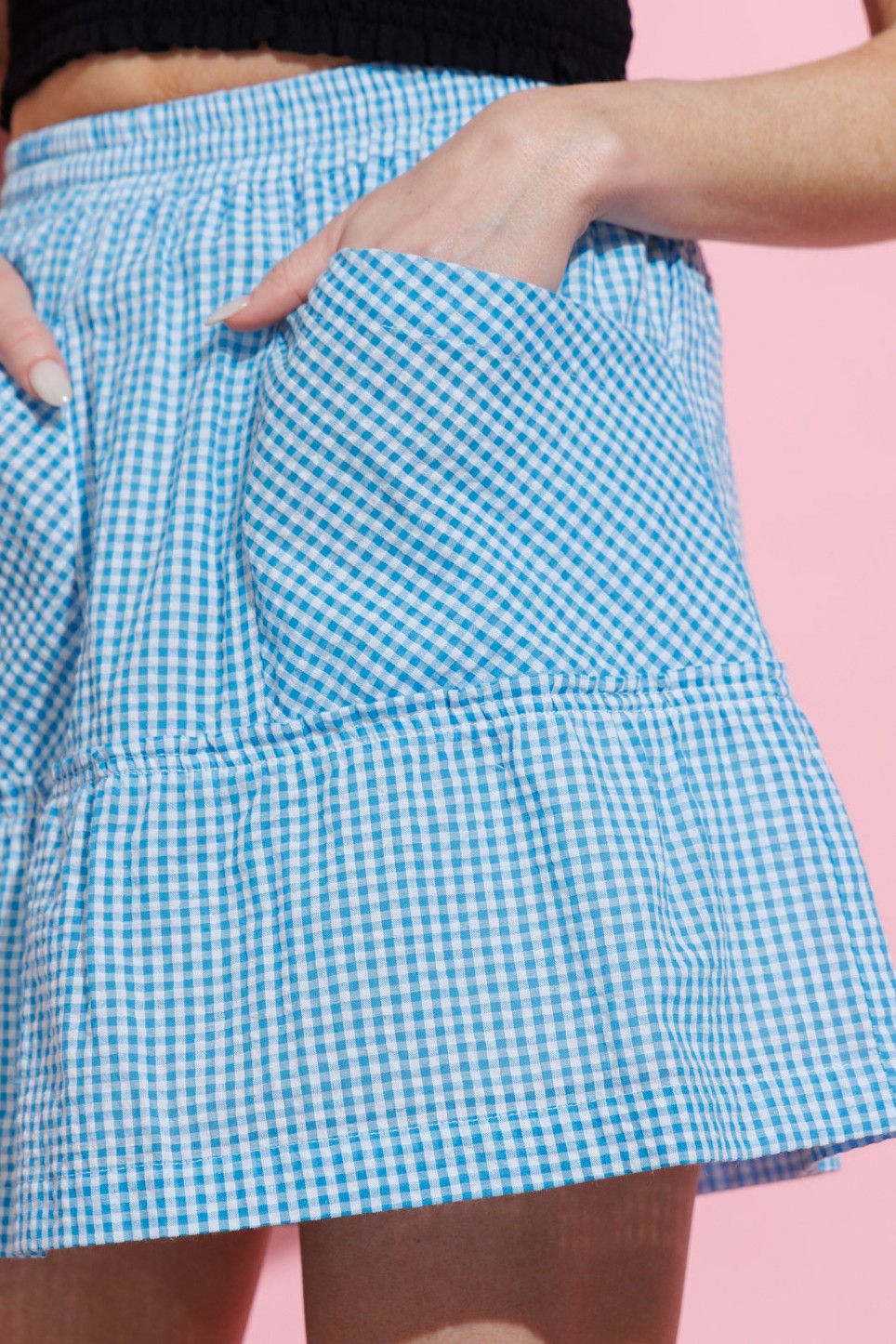 BLUE CHECKERED PRINT ELASTIC WAIST FRONT POCKETS SKIRT HYHS0007