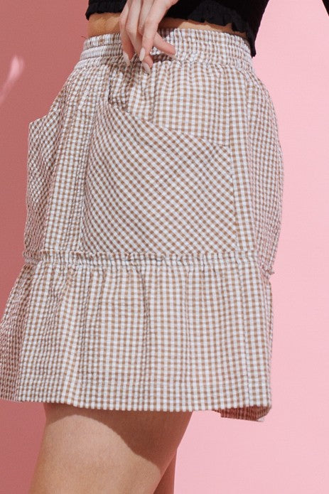 BROWN CHECKERED PRINT ELASTIC WAIST FRONT POCKETS SKIRT HYHS0007