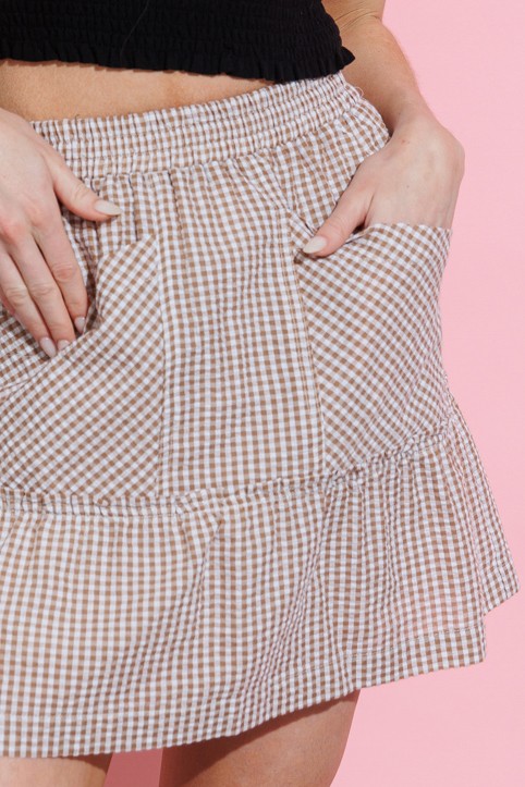 BROWN CHECKERED PRINT ELASTIC WAIST FRONT POCKETS SKIRT HYHS0007