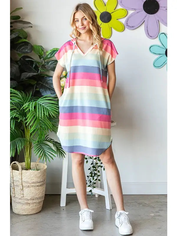 MULTICOLOR STRIPES DOLMAN SLEEVES W/POCKETS HOODIE MINI DRESS HMED6808-11