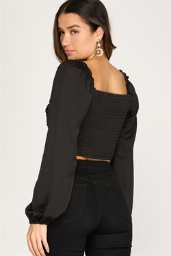 BLACK SATIN LONG SLEEVES RUCHED W/SMOCKED BACK DETAILED TOP