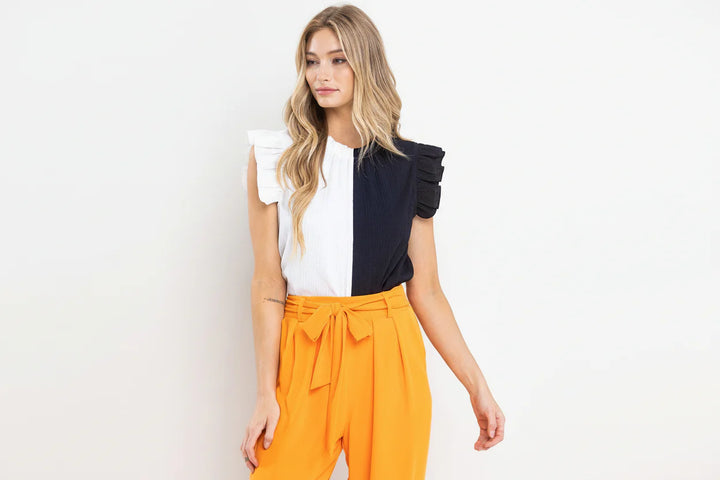 COLOR BLOCK RUFFLE SLEEVELESS GAUZE TOP TT3612NCRSA