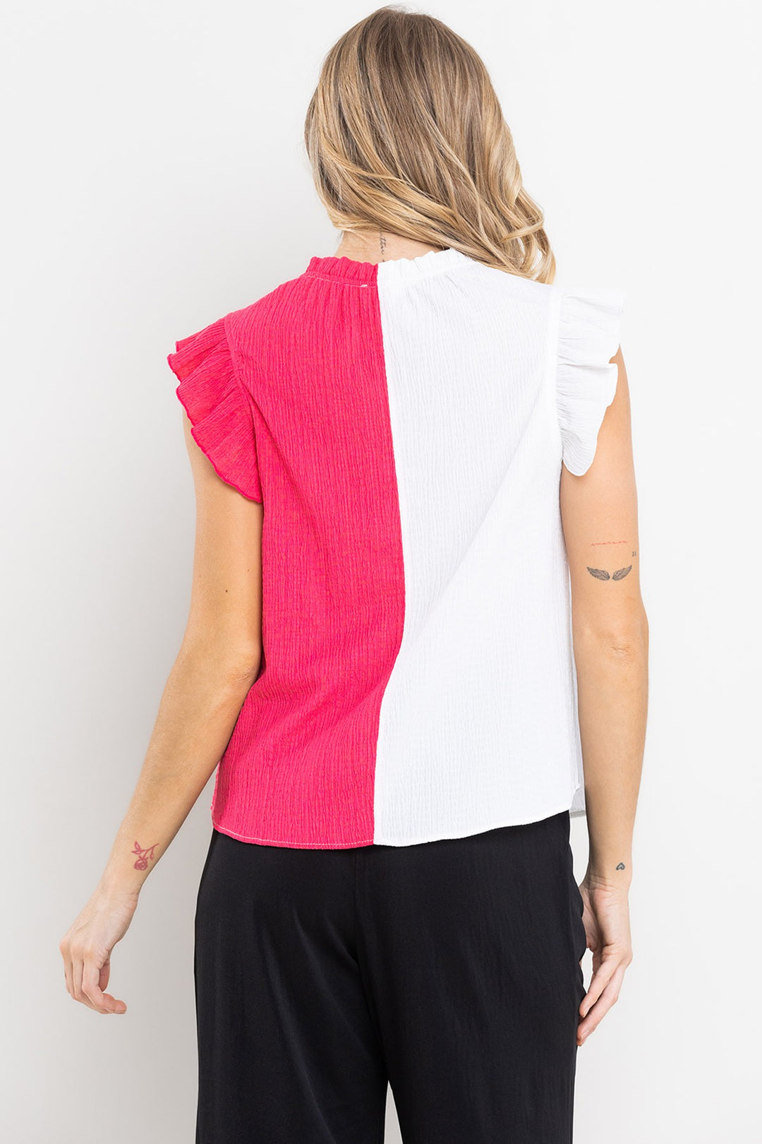 COLOR BLOCK RUFFLE SLEEVELESS GAUZE TOP TT3612NCRSA