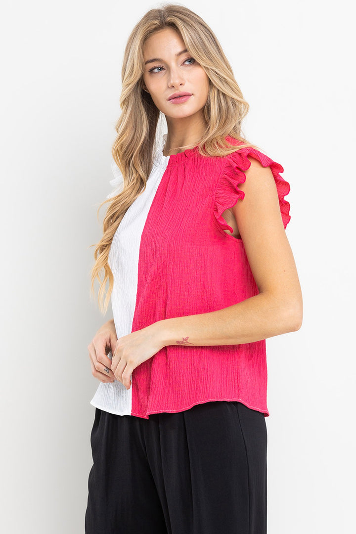 COLOR BLOCK RUFFLE SLEEVELESS GAUZE TOP TT3612NCRSA