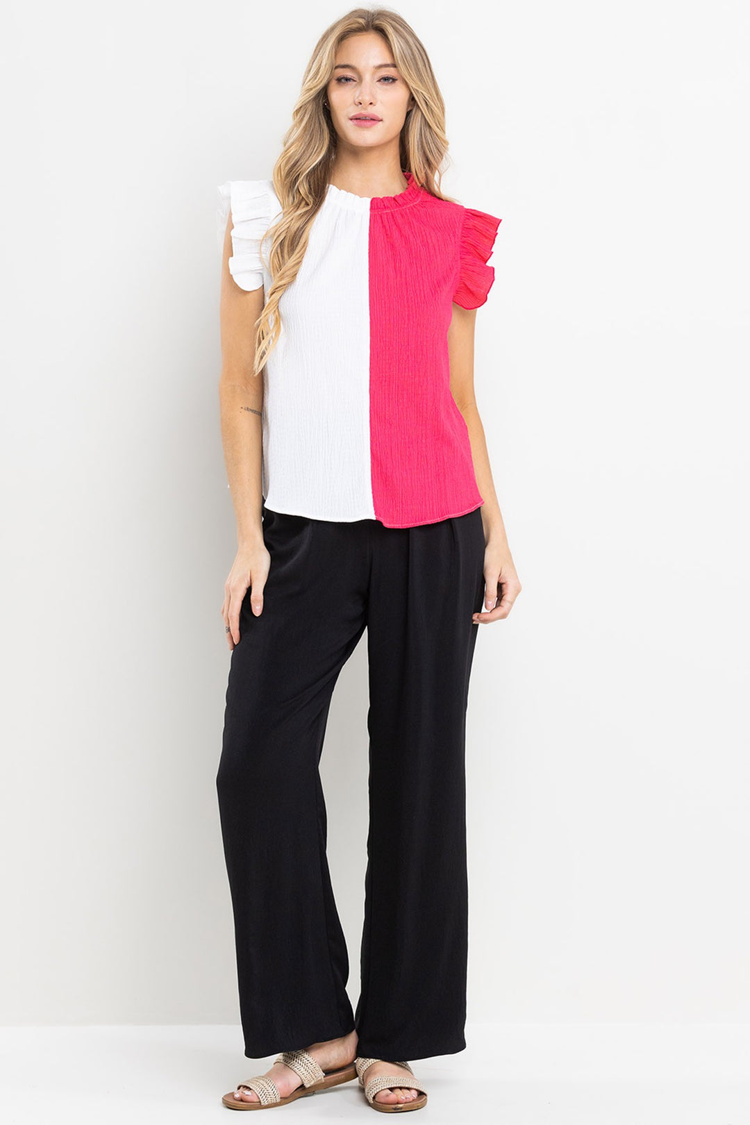 COLOR BLOCK RUFFLE SLEEVELESS GAUZE TOP TT3612NCRSA