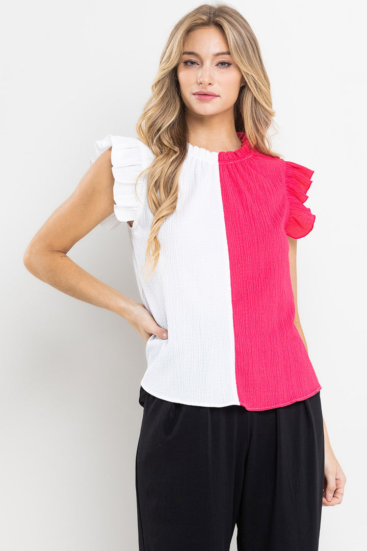 COLOR BLOCK RUFFLE SLEEVELESS GAUZE TOP TT3612NCRSA
