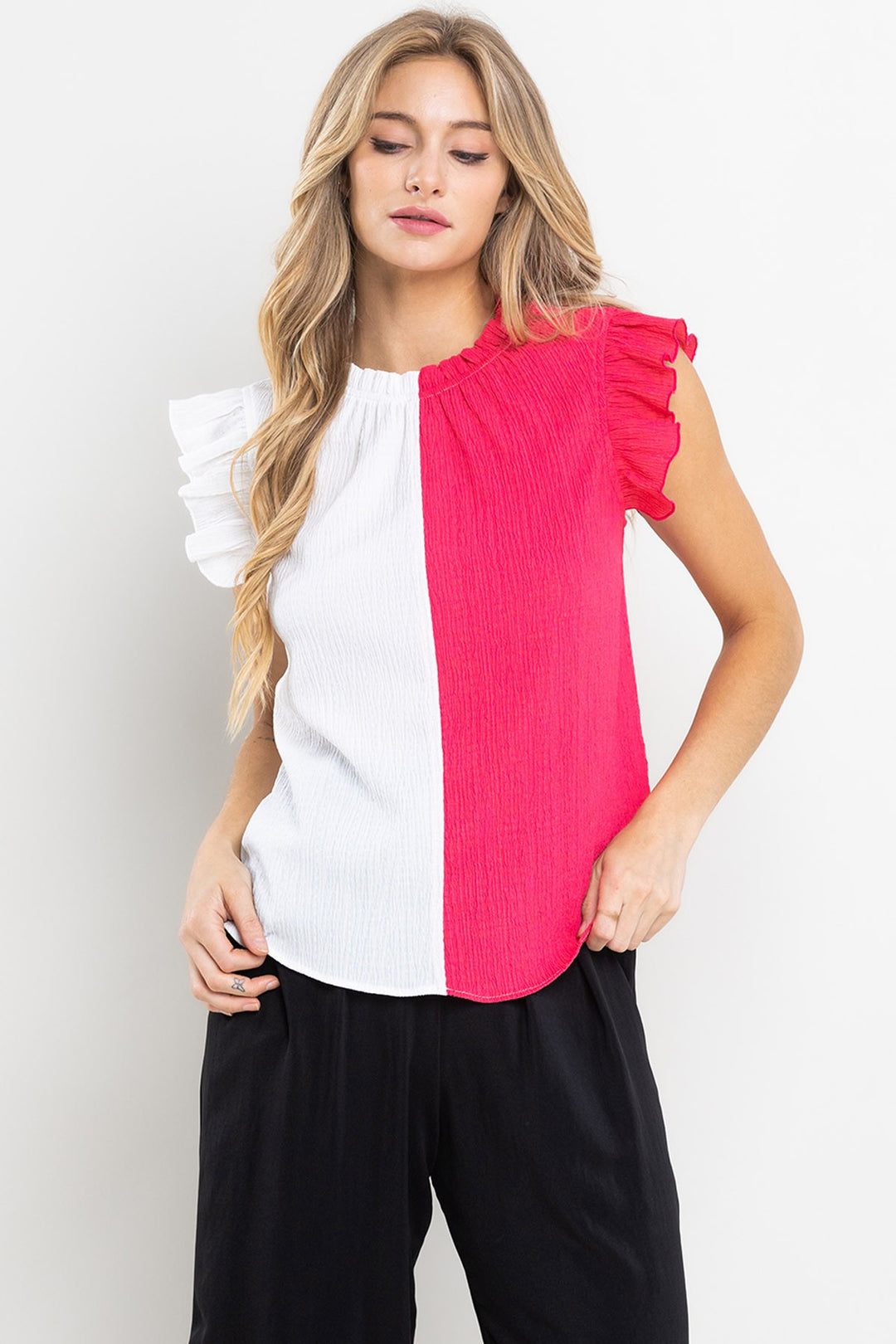 COLOR BLOCK RUFFLE SLEEVELESS GAUZE TOP TT3612NCRSA