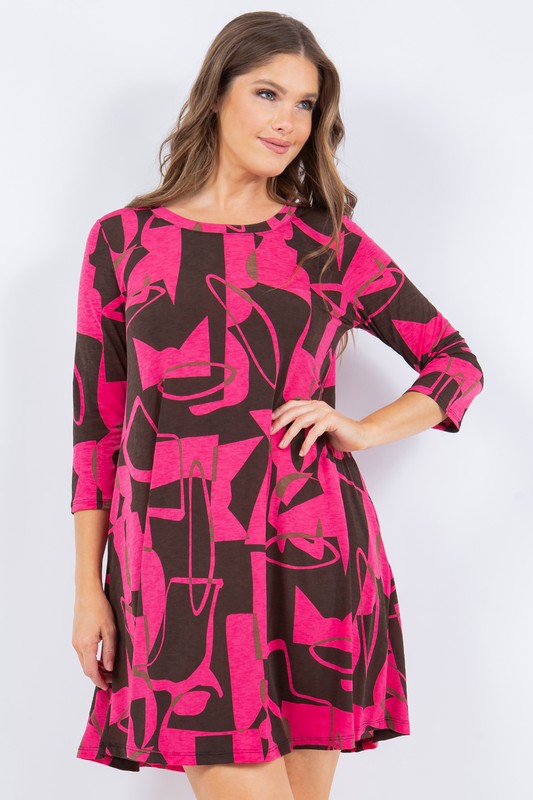 MAGENTA PRINTED  3/4 SLEEVES W/ POCKETS MINI DRESS SHVC43217-L