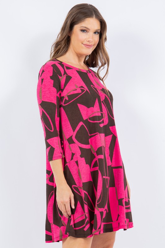 MAGENTA PRINTED  3/4 SLEEVES W/ POCKETS PLUS SIZE MINI DRESS SHVC43217-LX29