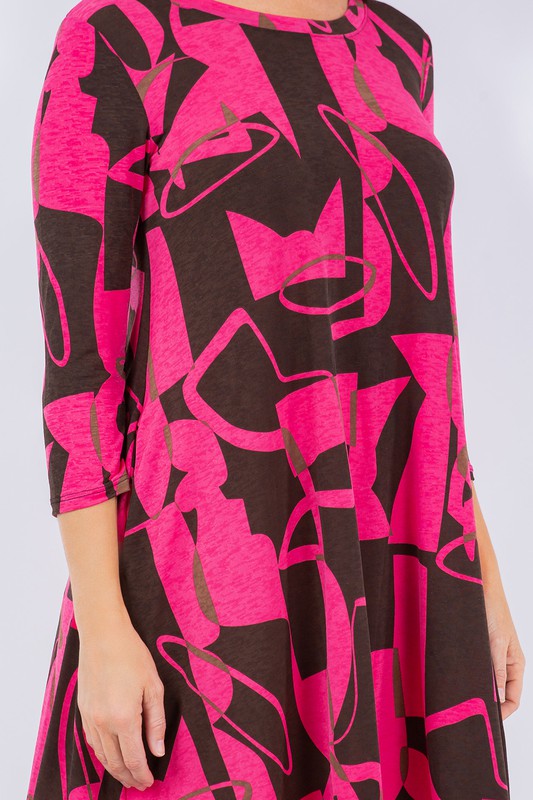 MAGENTA PRINTED  3/4 SLEEVES W/ POCKETS PLUS SIZE MINI DRESS SHVC43217-LX29