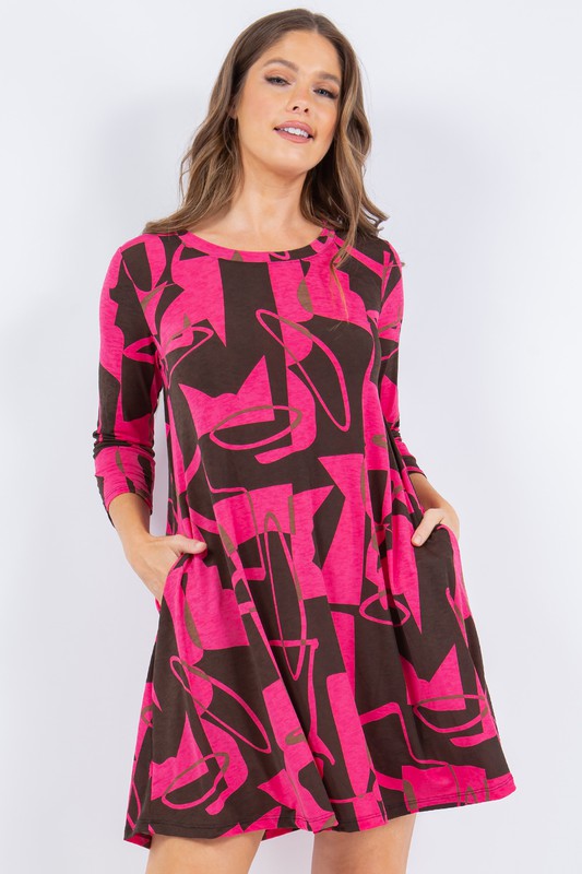 MAGENTA PRINTED  3/4 SLEEVES W/ POCKETS PLUS SIZE MINI DRESS SHVC43217-LX29