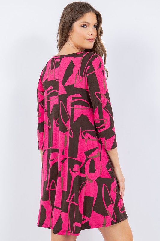 MAGENTA PRINTED  3/4 SLEEVES W/ POCKETS PLUS SIZE MINI DRESS SHVC43217-LX29