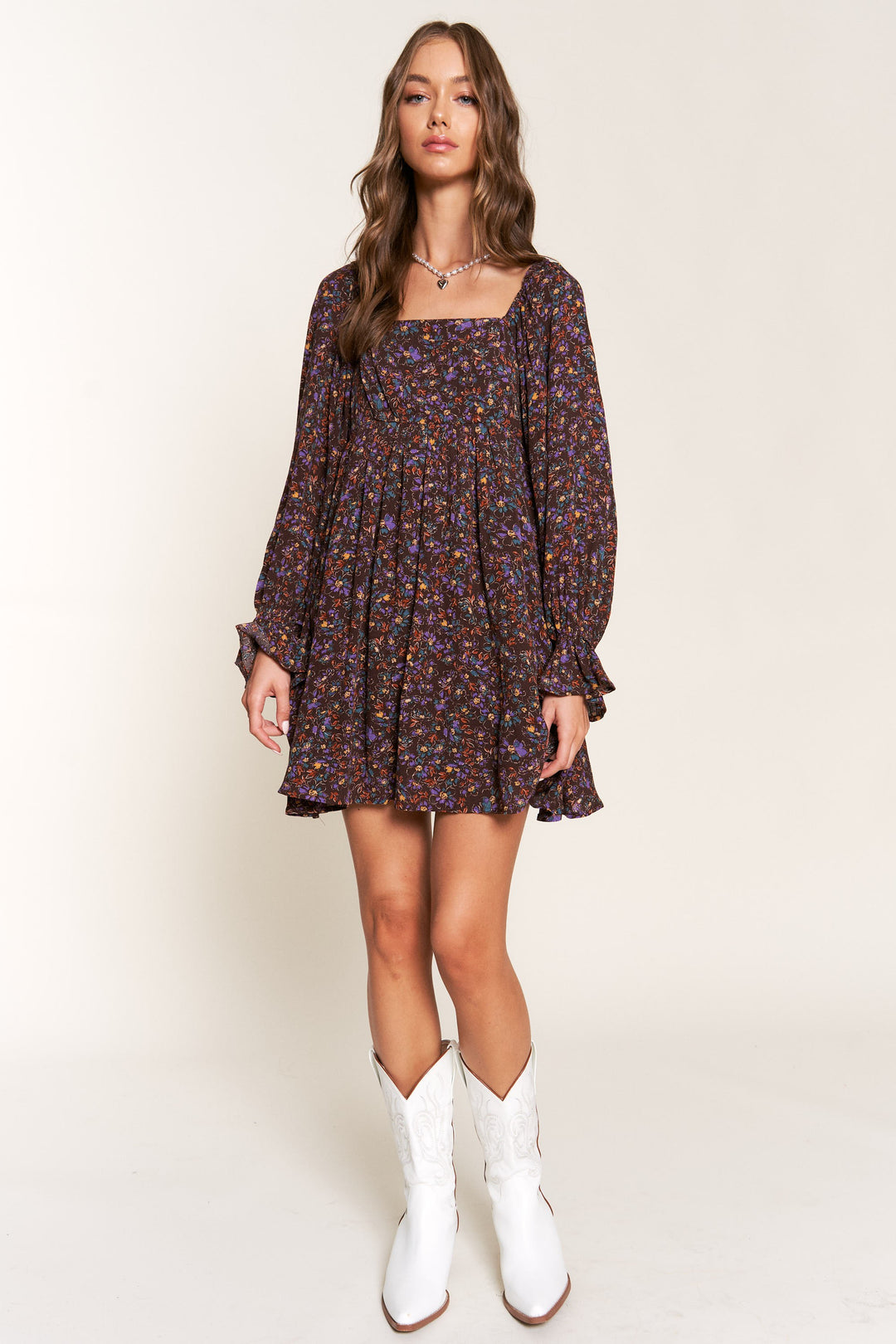 long sleeve swing mini dress Long-Sleeve Tie-Neck Swing Mini Dress