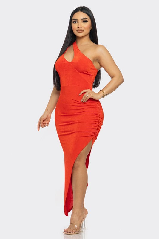 Burnt Orange One Shoulder Asymmetrical Hem Bodycon Midi Dress D10415D-A Burnt Orange One Shoulder Asymmetrical Hem Bodycon Midi Dress D10415D-A