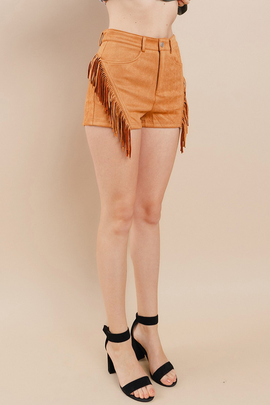 CAMEL FAUX SUEDE FRINGE DETAILED SHORTS CFBIO61998