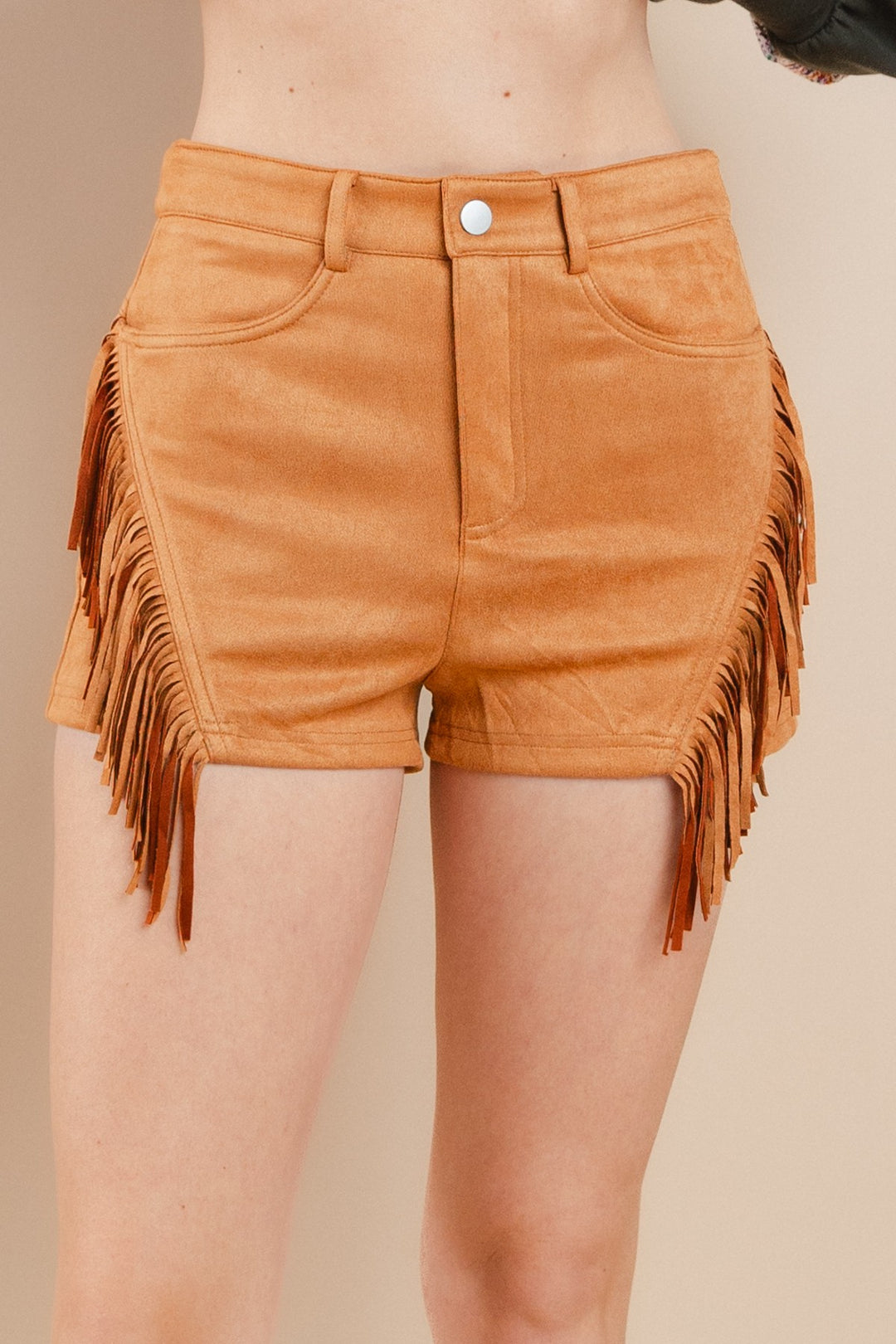 CAMEL FAUX SUEDE FRINGE DETAILED SHORTS CFBIO61998
