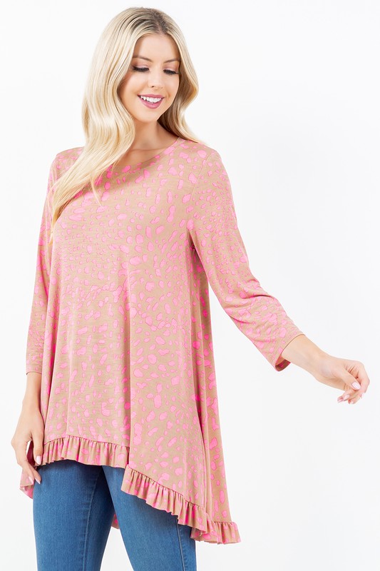 PINK ANIMAL PRINT 3/4 SLEEVES HI-LO PLUS SIZE TUNIC TOP TB50827X-AE