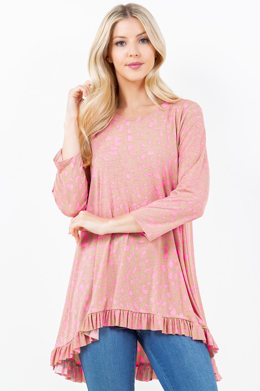 PINK ANIMAL PRINT 3/4 SLEEVES HI-LO PLUS SIZE TUNIC TOP TB50827X-AE