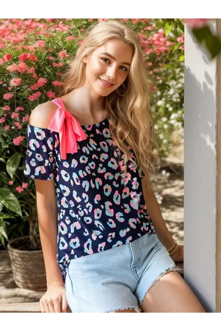 NAVY ANIMAL PRINT SLEF-TIE ONE SHOULDER PLUS SIZE TOP HMET7220-11P
